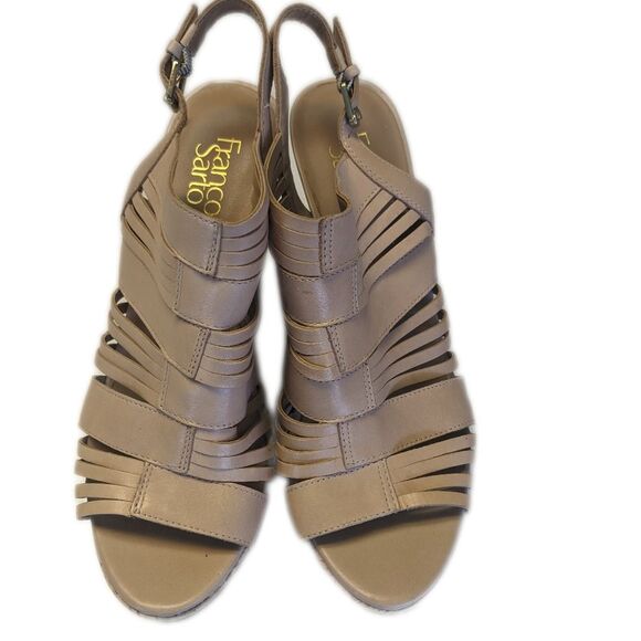 Franco Sarto nude strappy sandals, leather upper, 4.5" wedge heel, 9 - Picture 2 of 7